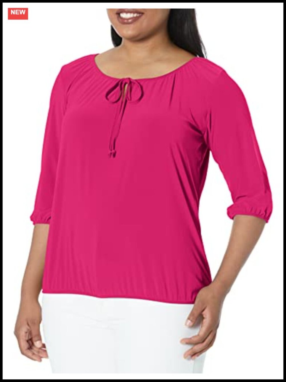 Womens 3/4 Sleeve Peasant Blouse Keyhole Tie Neck Work Top
